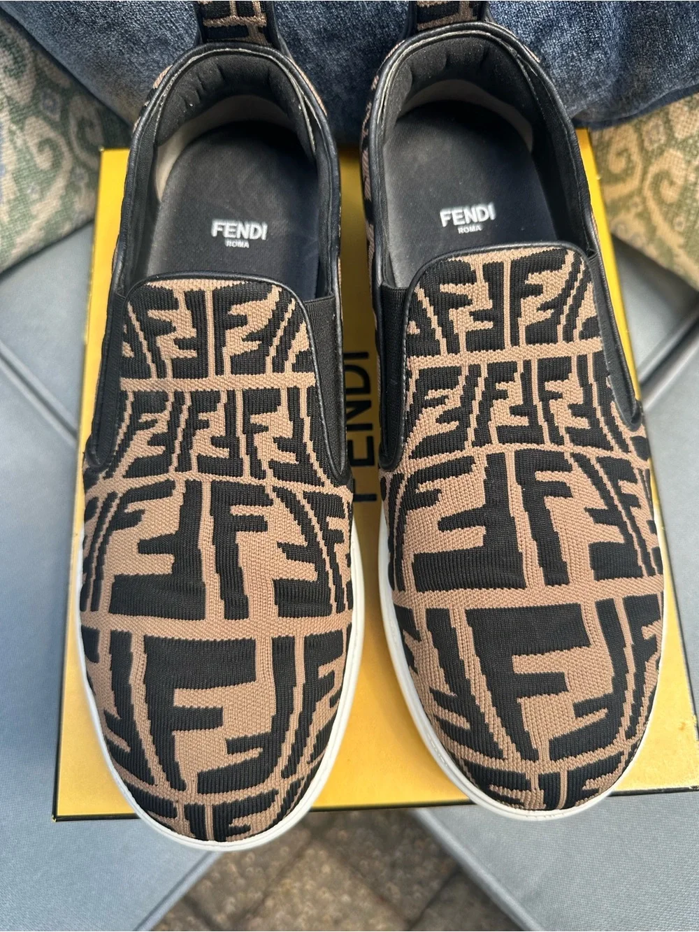 Fendi Brown & Black FF Logo Slip-On Sneakers Size 41